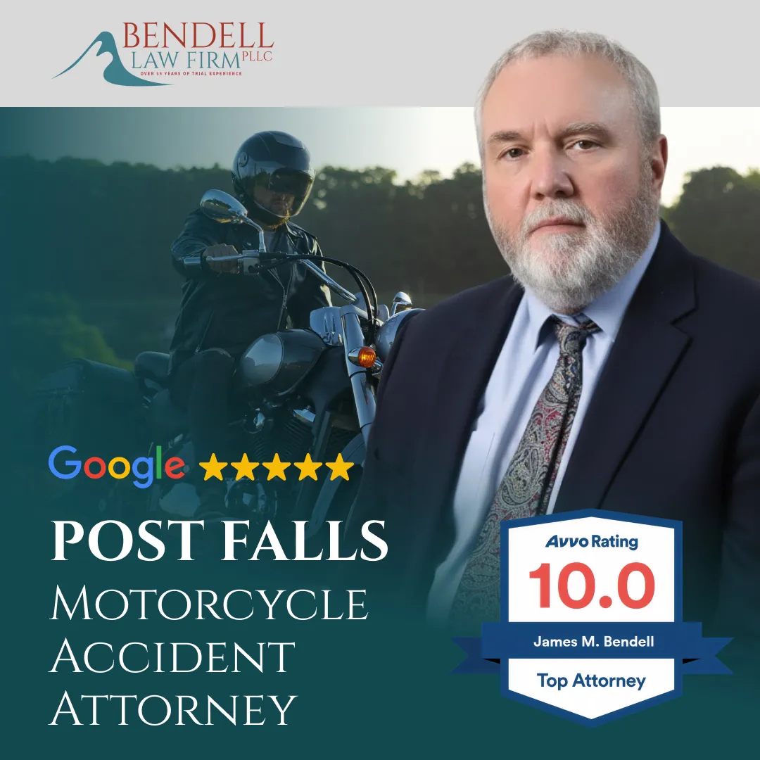 Professional portrait of a bearded man in suit beside a motorcyclist, Bendell Law Firm logo, and attorney ratings.