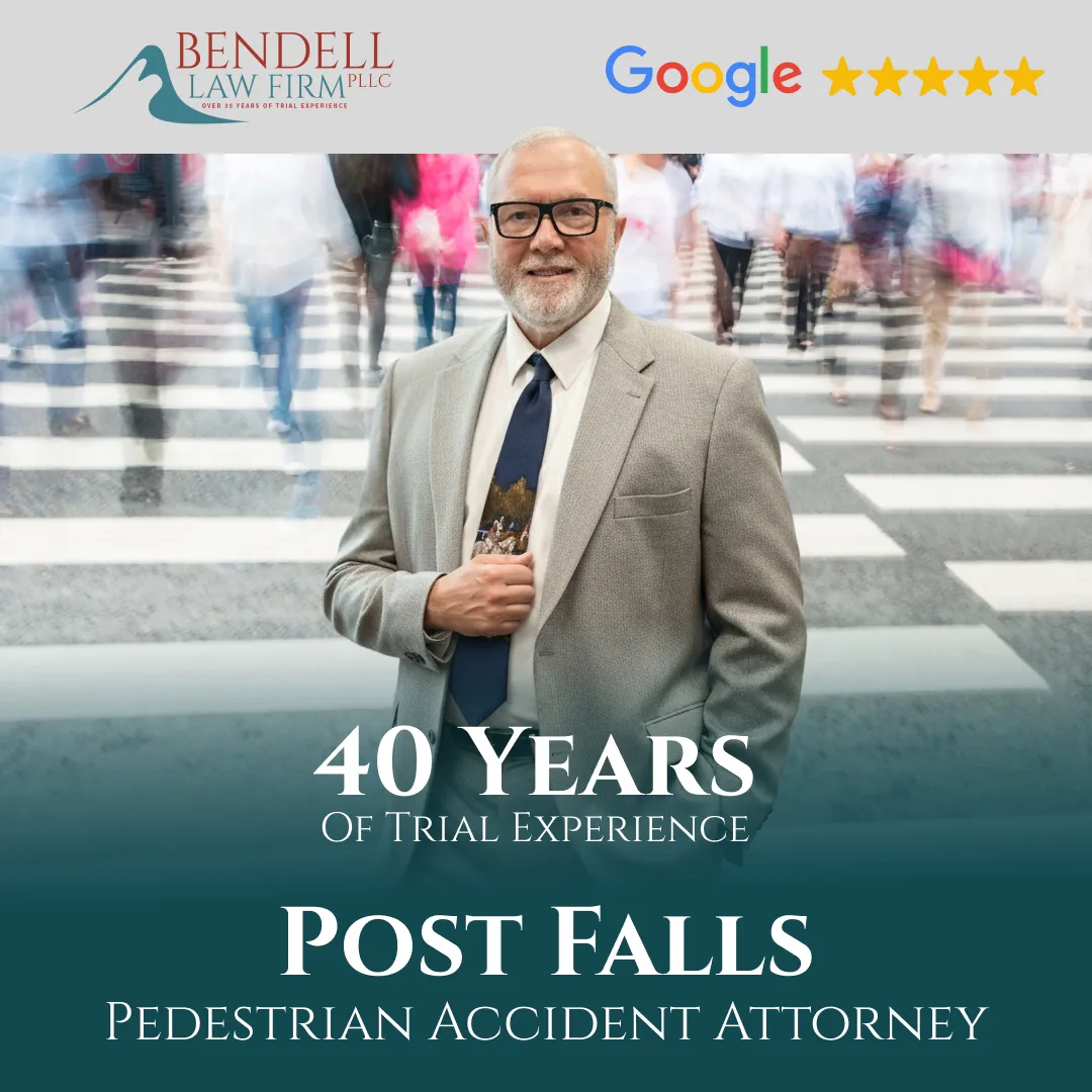 Professional portrait of an older man in a suit standing on a busy crosswalk with Bendell Law Firm logo and text about 40 years of trial experience.