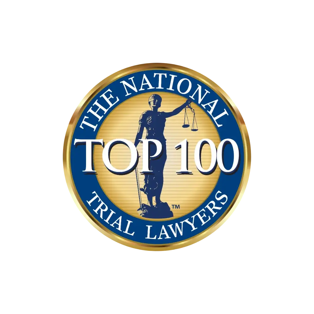 National Top 100 Trial Lawyers badge featuring a stylized design and text indicating elite legal recognition