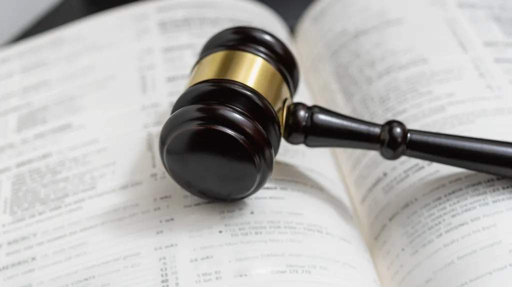 Dark wooden judge's gavel with gold band resting on an open legal book.