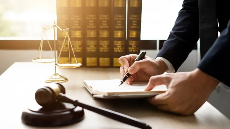 Person in formal attire writing on a document with legal books, scales of justice, and gavel on desk.