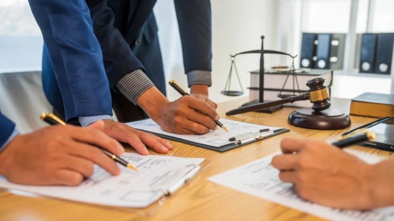Three individuals in formal attire signing legal documents on clipboards, with a gavel and scales of justice on a wooden desk.