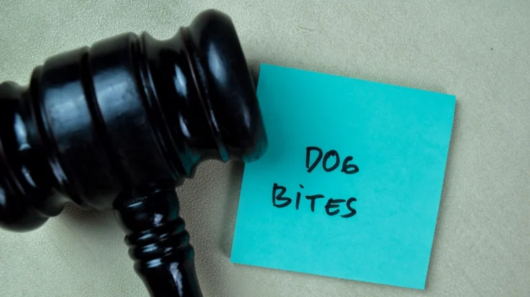Black wooden judge's gavel placed next to a blue sticky note with "DOG BITES" written in black ink.