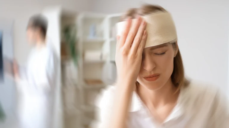 Woman with a beige head bandage holding her head in pain, doctor blurred in background.