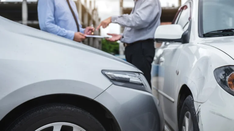 Two men in formal attire discussing beside two damaged white cars after a collision.